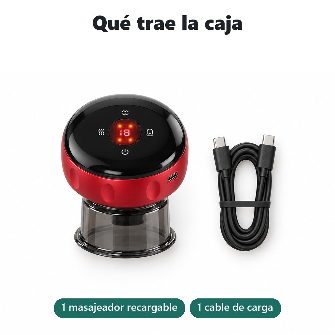 Qué trae la caja: masajeador recargable y cable de carga